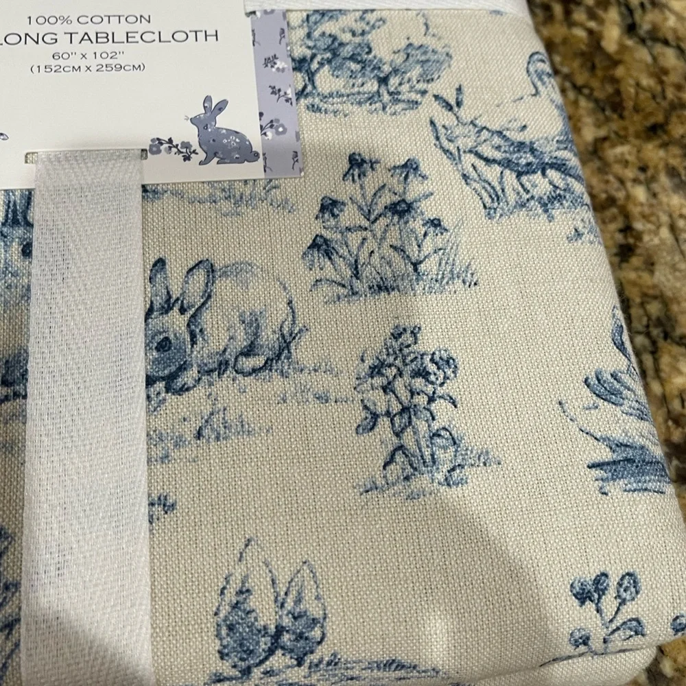 Shabby Chic Blue and Cream Rabbit Toile Oblong tablecloth 60”x102” New!